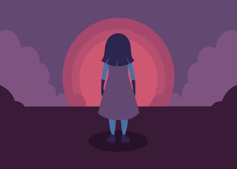 Mysterious figure facing a vibrant, surreal sunset with swirling clouds and a layered horizon creating an atmospheric, dreamlike scene.