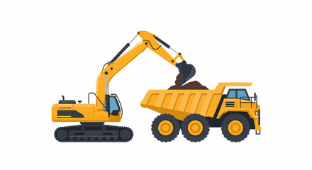 Fototapeta premium Yellow excavator loading dirt into a large dump truck on a white background, representing heavy construction machinery.