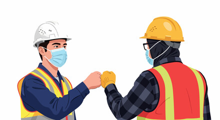 Two construction workers in hard hats, safety vests, and medical face masks greet each other with a fist bump.
