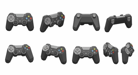 A collection of eight black video game controllers displayed from various angles against a white background.