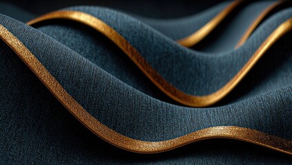 Dark teal textile waves with thin gold trim, undulating smoothly against a black background; luxurious, textured surface
