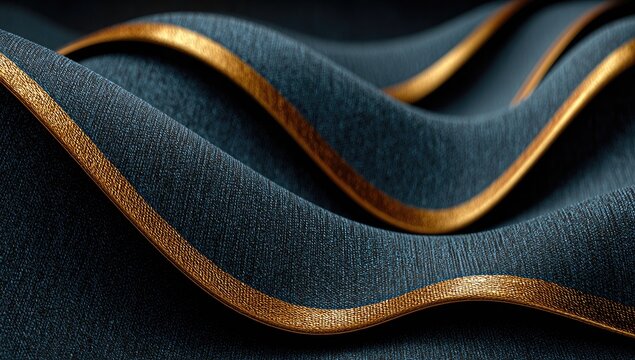 Dark teal textile waves with thin gold trim, undulating smoothly against a black background; luxurious, textured surface - Powered by Adobe