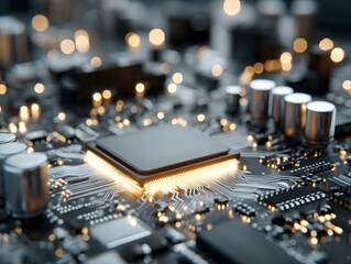 An intricate computer chip glows softly amidst a circuit board with capacitors and other components close up.