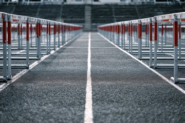 Low Angle View of Hurdles Lined Up on a Running Track in an Empty Stadium