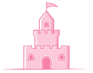 Cute Pink Fairytale Castle Cartoon Illustration with Flag and Towers for Children's Designs