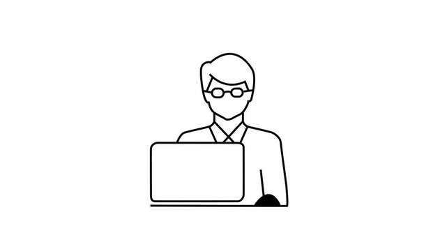 Developer line animation. HD video with alpha. Programmer animated icon. Shaking head. Moving computer mouse. Software, programming. Black illustration on white background.4k motion graphic.