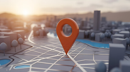 Orange map pin on abstract city street grid with warm sunset glow