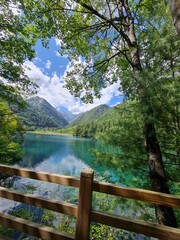 The stunning scenery of a lake in summer in the Jiuzhaigou National Park, China
