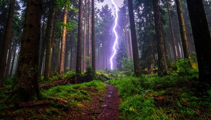 Fototapeta premium Forest path leads to a vibrant lightning strike. Lush trees, misty atmosphere, and a sense of awe