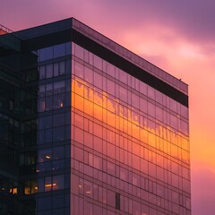 Fototapeta premium Building Reflecting Sky at Sunset Creates Colorful Cityscape