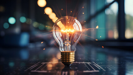 Brilliant idea erupts with glowing lightbulb, sparks flying, symbolizing innovation and inspiration