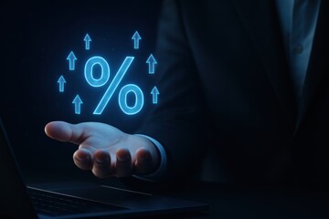 Long term investment. Hand displaying percentage symbol with upward arrows, representing growth and finance concepts against a dark background.