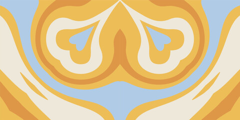 A symmetrical abstract pattern with flowing organic shapes in warm earthy tones and a pale blue background.
