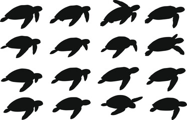Sea turtle silhouette vector set, marine animal icons, ocean wildlife illustration, aquatic reptile design elements for nature, underwater, conservation, eco projects