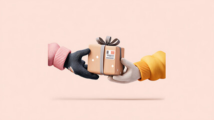Gift Exchange Between Hands in Colorful Gloves During a Festive Season