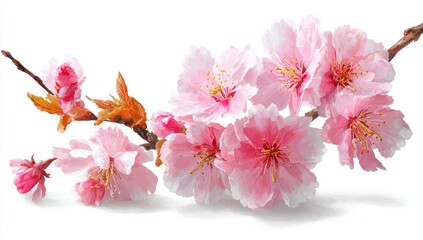 Fototapeta premium Delicate branch of light pink blossoms, some fully opened, others in bud, against a stark white background, showcasing detailed petals and stamens