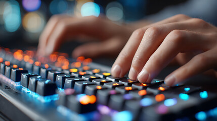 Close-up View of Hands Typing on a Colorful Mechanical Keyboard During Late-Night Gaming Session