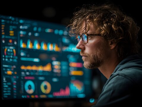 Focused programmer analyzes complex data and charts on a large computer screen in a dark office space.