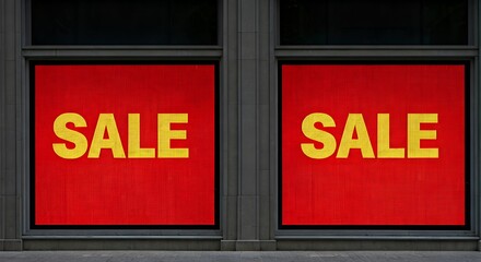 Obraz premium Close-up of a storefront window with red SALE signs in a dark frame