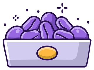 Fototapeta premium Bowl overflowing with ripe purple plums and sparkles in a cartoonish style