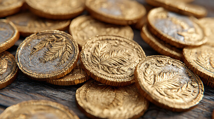 Stacked Shiny Gold Coins From Various Angles Showcasing Intricate Designs and Textures on Wooden Table