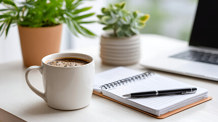 Cozy Workspace With Coffee and Notepad Beside Laptop and Plants During a Sunny Morning