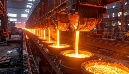 An industrial scene of molten metal pouring from ladles into round containers, with a bright, fiery glow