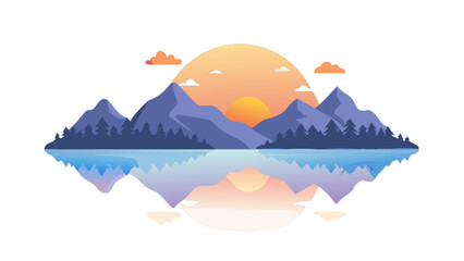 Mountain landscape vector illustration with lake reflection sunset scene and pine trees nature background design