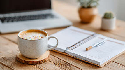 Cozy Workspace Setup With Coffee, Planner, and Laptop in a Warm Natural Light Setting