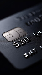 Close-up of a black credit card with visible chip and embossed numbers. 
