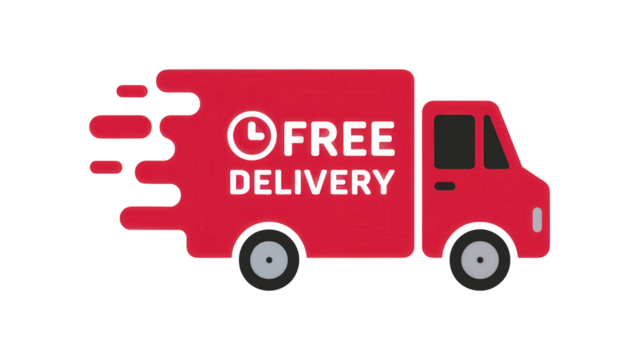 Red delivery truck with free delivery text and motion blur effect isolated on transparent background