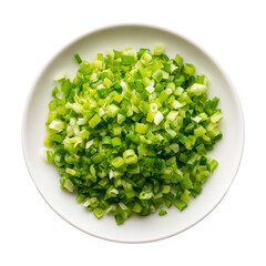 Fresh chopped green onion pieces served on white plate, isolated close-up of spring onion, garnish, seasoning, and healthy herb for cooking recipes.