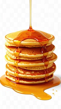A stack of golden pancakes drenched in syrup