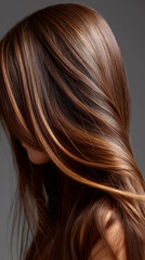 Fototapeta premium Profile of woman with long brown highlighted hair. 