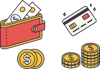 Flat design finance icons set including wallet credit card and coins