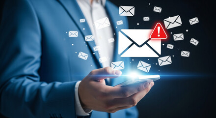 Man holding smartphone with email virus alert, spam and phishing concept, cyber security vulnerability notification