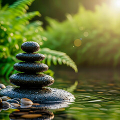 Eco-relaxation: natural massage stones near a fern