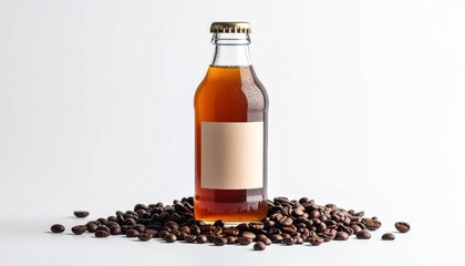 Glass bottle with brown liquid surrounded by coffee beans on white background.