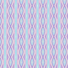 Ethnic tribal seamless pattern with geometric diamond shapes in pastel blue, purple, and pink, ideal for modern textiles and background