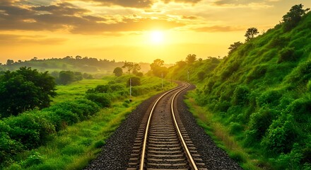 Railroad track through green hills