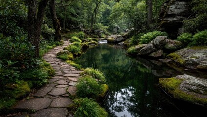 Obraz premium Serene stone path beside a calm, dark stream in a lush green forest