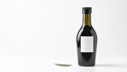Dark glass wine bottle with blank label on white background.