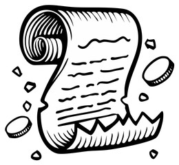 Ancient parchment scroll with scattered coins and torn edges black and white illustration