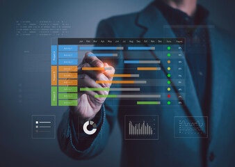Businessman analyzing project timeline with digital Gantt chart, progress tracking, and data visualization. Concept of project management, scheduling, planning, workflow, and performance analysis.