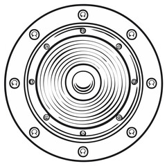 Abstract circular graphic design with concentric spirals and geometric icons