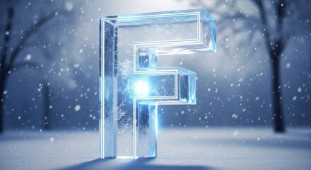 Icy Letter F in Snowy Outdoor Scene with Blue Light