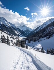 Sunlit snowy valley path, mountains