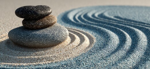 Stacked stones on a serene sand garden