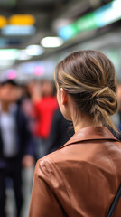 Woman with ponytail standing at crowded train station looking at departure board.  
