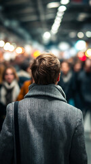 Fototapeta premium Man in grey coat walking in crowded city street. 